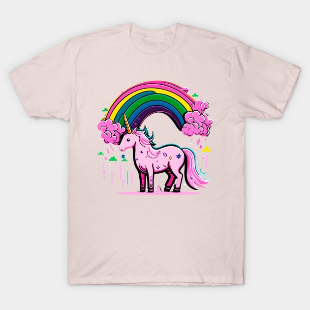 Pink cute unicorn in rainbow T-Shirt by NerdsbyLeo